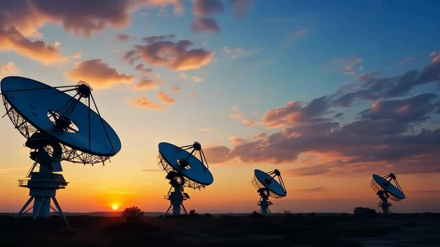 Silhouetted satellite dishes artfully capture the vibrant sunset, symbolizing remarkable advancements in telecommunication, technology, and connectivity that define our modern era and society