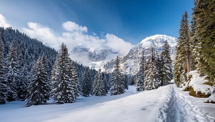 snow blanketed mountains with trees winter scene hiking in bloodless weather