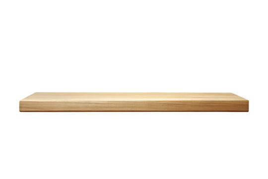 Wooden Shelf on Display: A single, clean wooden shelf floats in mid-air, presented against the background. - Powered by Adobe