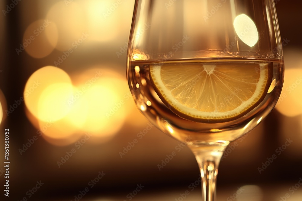Poster a glass filled with red wine and featuring a slice of lemon for garnish