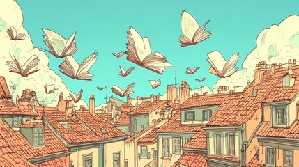 Numerous open books are flying above a cityscape with rooftops