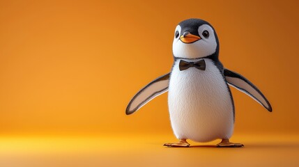 Fototapeta premium A charming penguin in a bow tie stands against a vibrant orange backdrop
