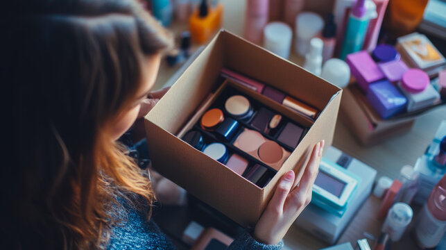 Unboxing exciting makeup products beauty room visual content indoor close-up self-care experience