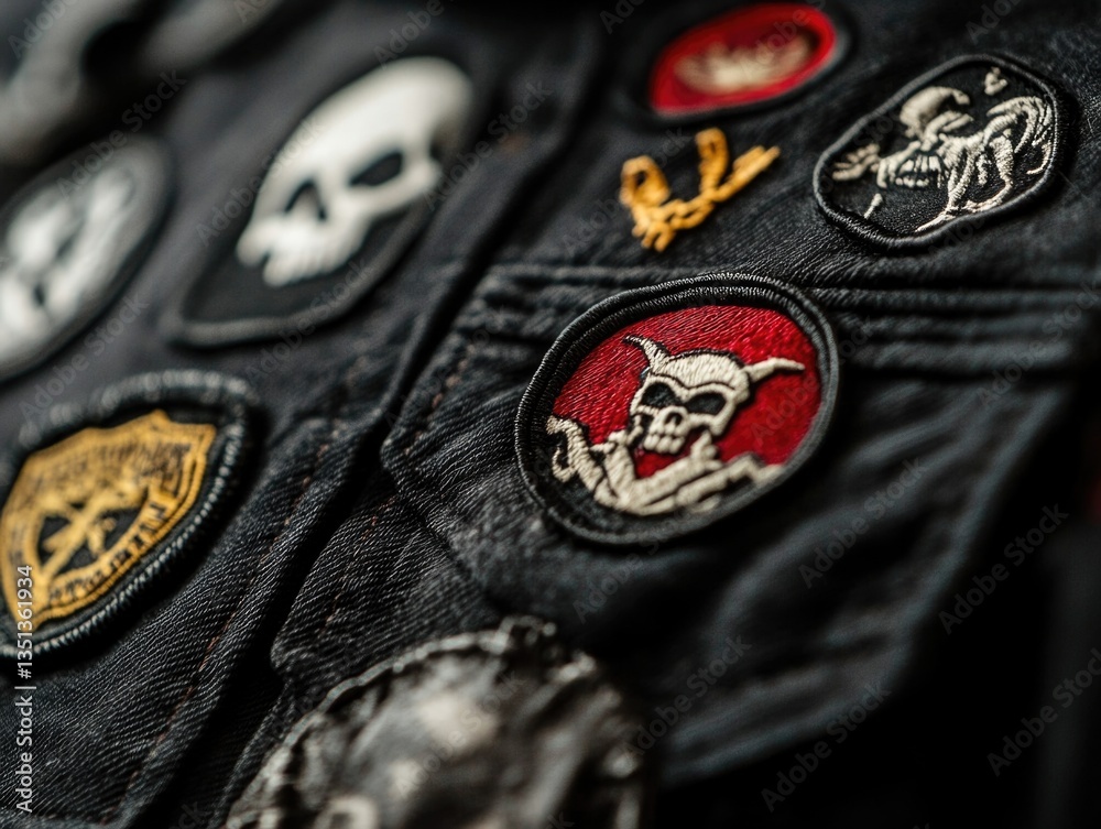 Poster a close-up shot of a jacket with colorful patches, perfect for use in fashion or music-related conte