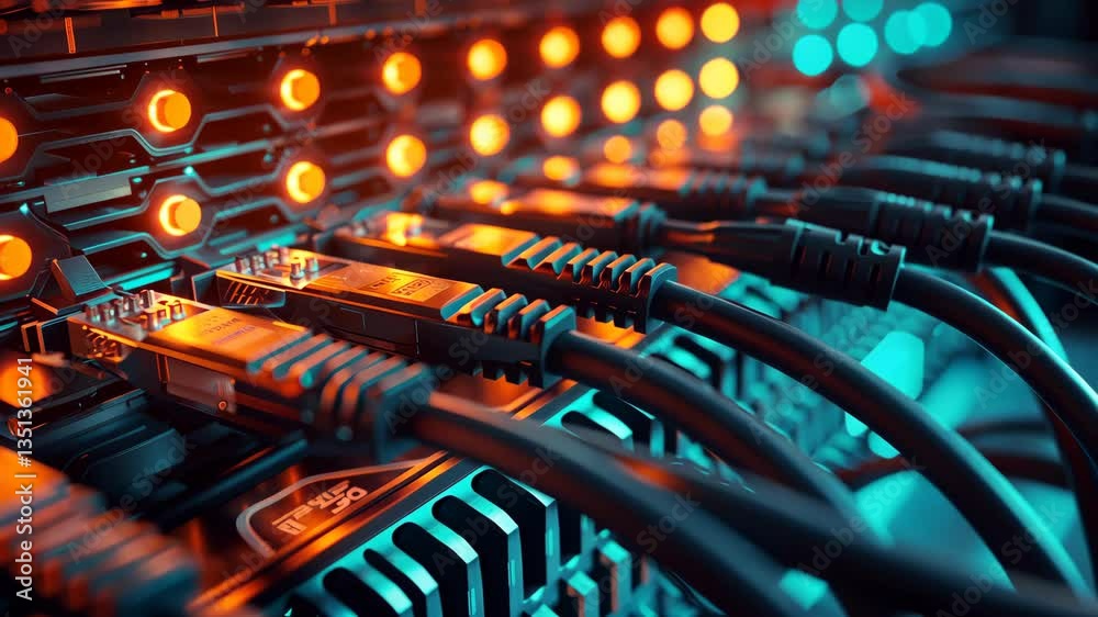 Aufkleber This image shows illuminated server ports and highspeed Ethernet cables, highlighting the core of network connectivity and data processing, symbolizing the backbone of modern communication systems