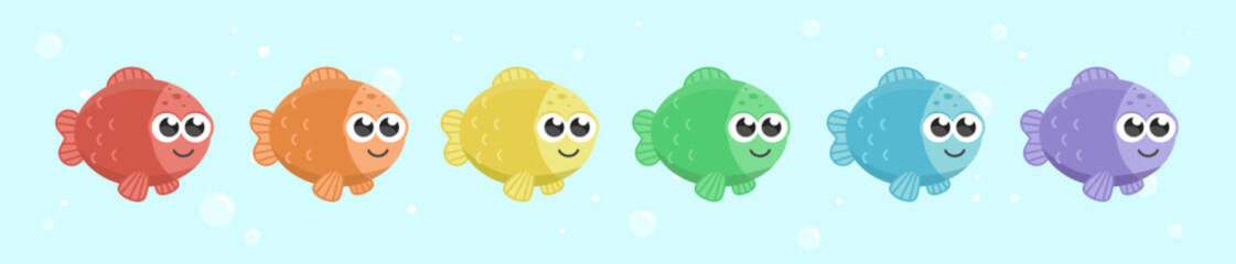 Cute rainbow fish vector illustrations. Colorful cartoon sea creatures with bubbles. Kawaii style for kids, classroom, stickers, educational projects. Isolated elements. 