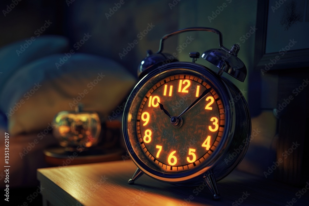 Poster an alarm clock sits on top of a wooden table, ready to sound off at the next wake-up time