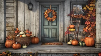 Obraz premium Autumn Porch with Rustic House, and Pumpkins.