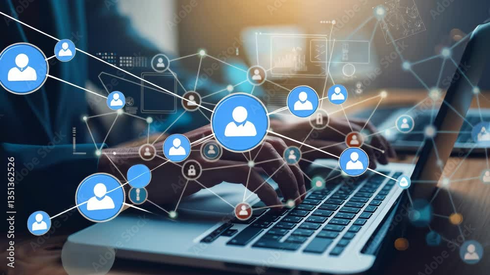 Aufkleber A skilled professional combines advanced technology with business strategies, using a powerful laptop to visualize complex networks and data connections in an innovative workspace