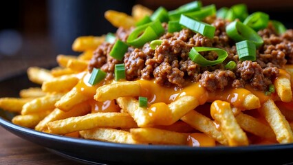 Ultimate party nacho fries topped with zesty cheese, taco beef, and fresh green onions