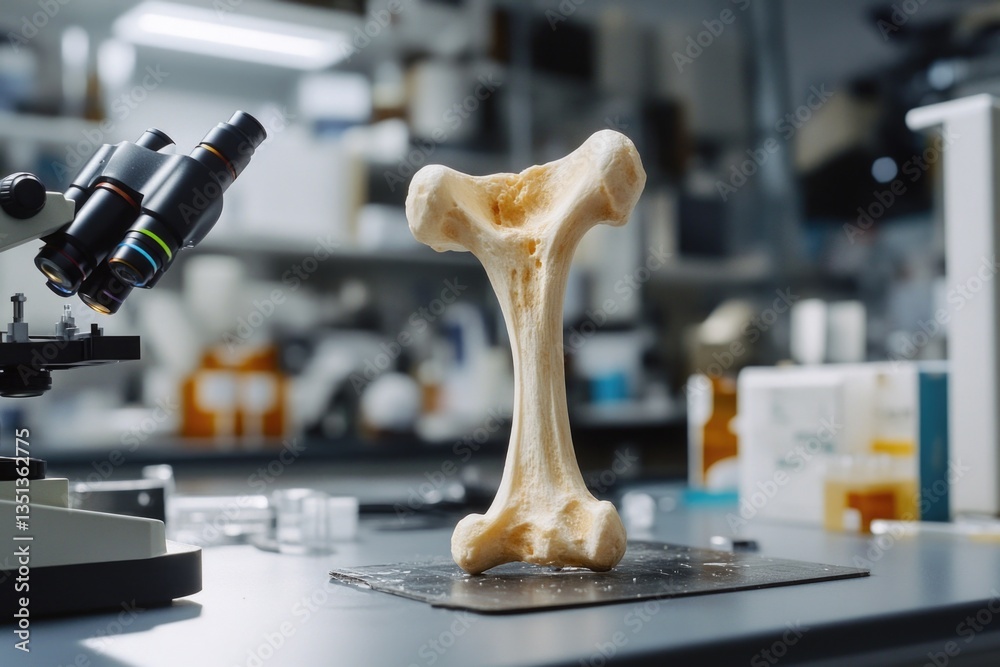 Poster a close-up of a bone with a microscope in the background, ideal for use in medical or scientific ill