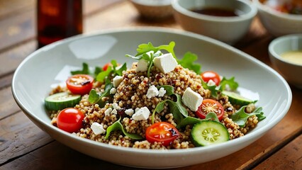 Quinoa salad with roasted vegetables and feta cheese in a sleek bowl on a wooden table