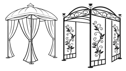 Elegant Wedding Arches and Drapes with Floral Accents – Black and White Vector Illustration