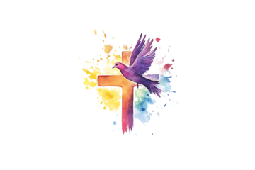 Rainbow Cross with Dove and Watercolor Splash