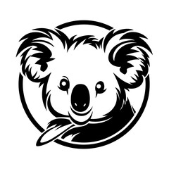 Detailed black and white illustration of a koala head, perfect for graphic design and wildlife projects.