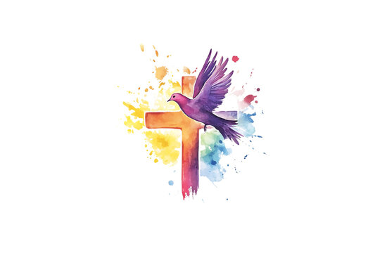 Rainbow Cross with Dove and Watercolor Splash