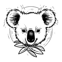 Detailed black and white illustration of a koala head, perfect for graphic design and wildlife projects.