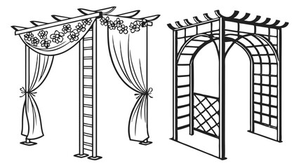 Elegant Wedding Arches and Drapes with Floral Accents – Black and White Vector Illustration