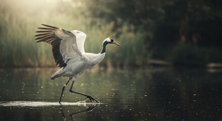 Naklejka premium Crane Bird Walking in Water with Wings Spread at Dusk