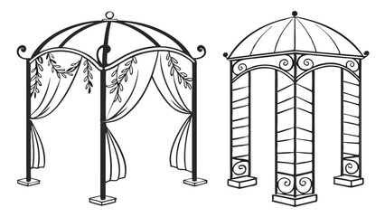 Elegant Wedding Arches and Drapes with Floral Accents – Black and White Vector Illustration