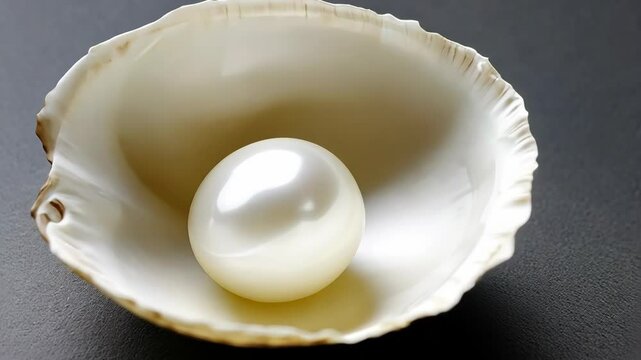 Beautiful pearl resting in a delicate shell on a dark surface, capturing natural elegance and simplicity in design
