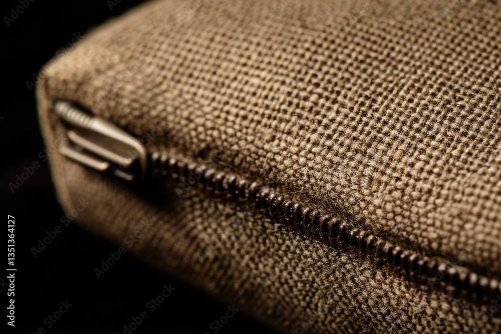 Poster a close-up shot of the zipper on a bag, suitable for use in illustrations or designs