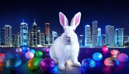 Futuristic Easter bunny with glowing eggs and city skyline at night. Cute rabbit under night city lights surrounded by glowing Easter eggs. Urban Easter celebration with bunny and colorful eggs