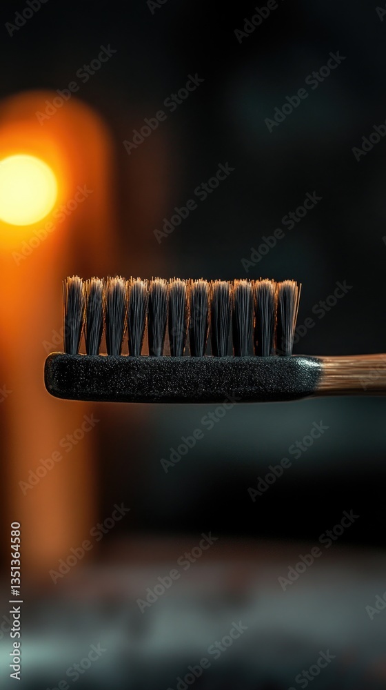 Poster close-up shot of a toothbrush with a bright light in the background, ideal for use in beauty or heal