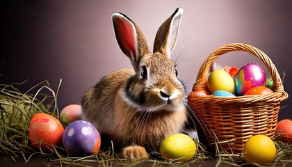 Brown bunny with painted eggs sitting near wicker basket on spring celebration. Cute Easter bunny with colorful eggs in wicker basket on green grass background