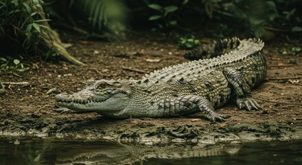 Obraz premium Resting Crocodile at Water's Edge in Natural Habitat, Reflecting in Water