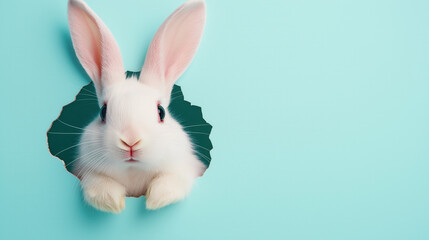 Obraz premium A cute white rabbit peeks through a hole in a teal background, showcasing its large ears and fluffy fur.