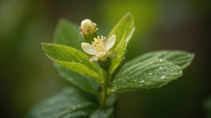 Springtime close-up of a delicate yellow flower with a budding bloom, surrounded by vibrant green leaves covered in dewdrops, highlighting nature's renewal and beauty