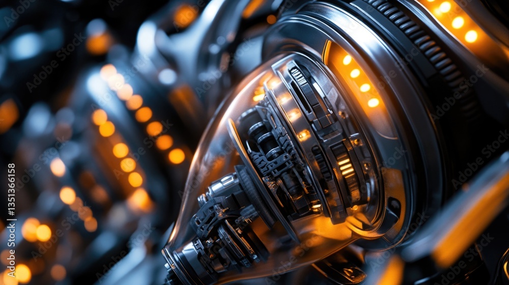 Poster a close-up view of a motorcycle with its lights shining bright, great for use in automotive or trans