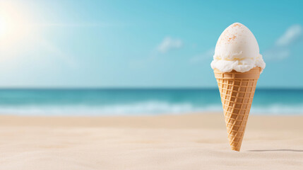 A refreshing ice cream cone stands on sandy beach, with a beautiful ocean and blue sky in the background, perfect for summer enjoyment.