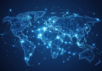 Abstract Global Network Vector  World Map with Connection Lines  Flat Design  High-Resolution Illustration  White Border & Edge Outline  Minimalist Blue Background