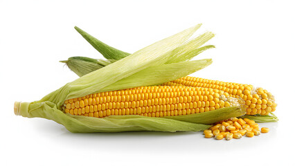 fresh cob of corn with golden kernels and a few husk leaves pulled back