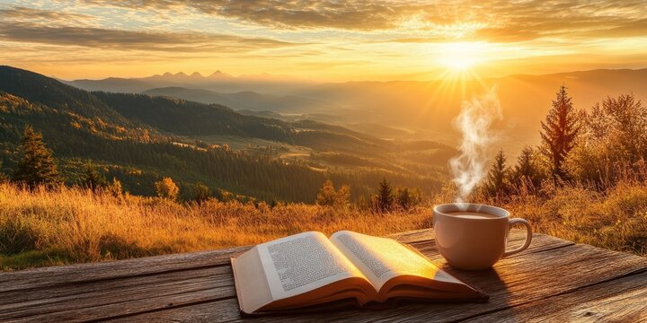 A steaming coffee cup and an open book resting on a wooden table, overlooking a breathtaking mountain sunrise with golden hues illuminating the summer landscape.