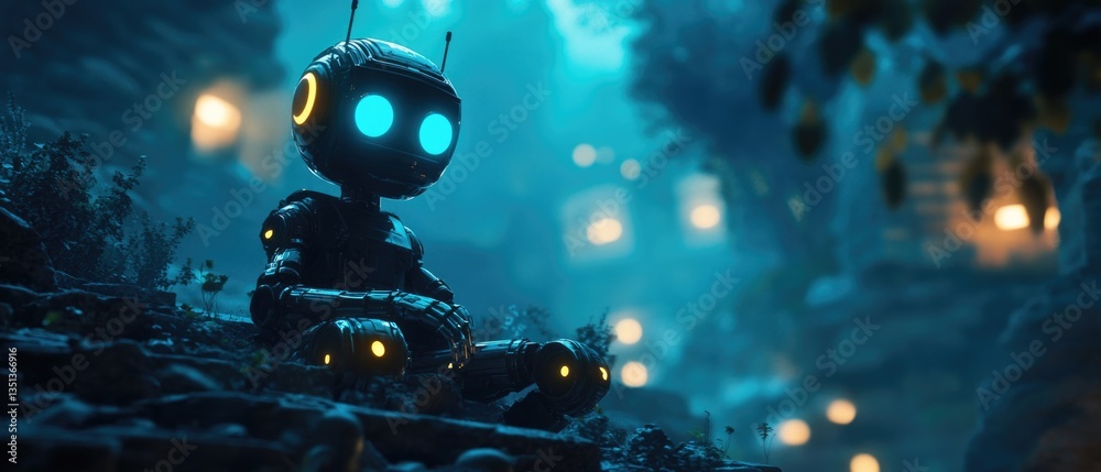 Poster a small robot perched atop a pile of rocks, with a rugged and isolated backdrop