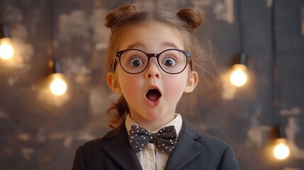 Surprised girl, glasses, bow tie, studio, lights