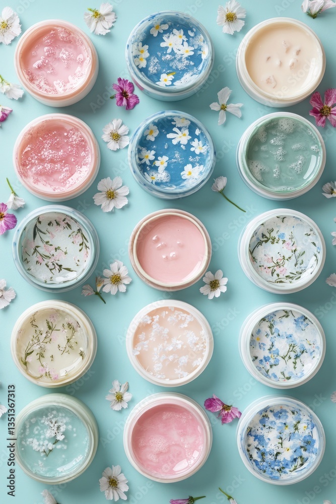 Poster a selection of various body butters arranged on a blue surface