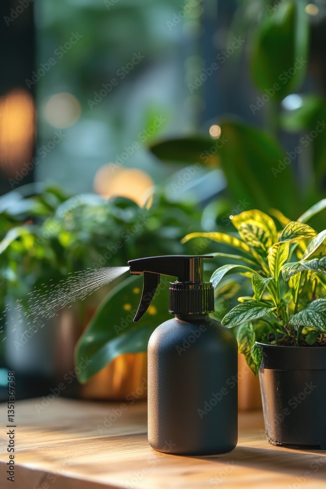 Poster a close-up shot of a spray bottle on a table, suitable for use in product photography or as an illus