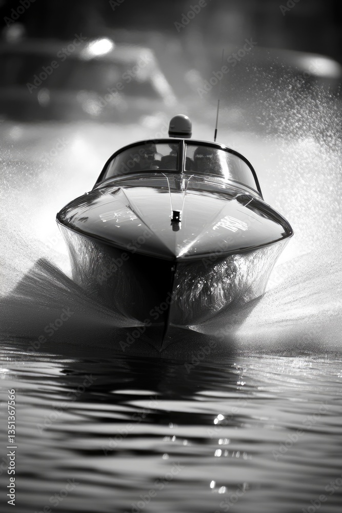 Poster a classic black and white image of a speed boat in action, great for use in nostalgic or vintage-the