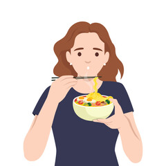 Woman with brown hair is happily eating a steaming bowl of ramen using chopsticks. Flat vector illustration isolated on white background