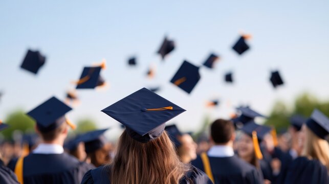 joyful group of graduates in caps and gowns tossing hats in vibrant celebration against clear blue sky vivid backdrop