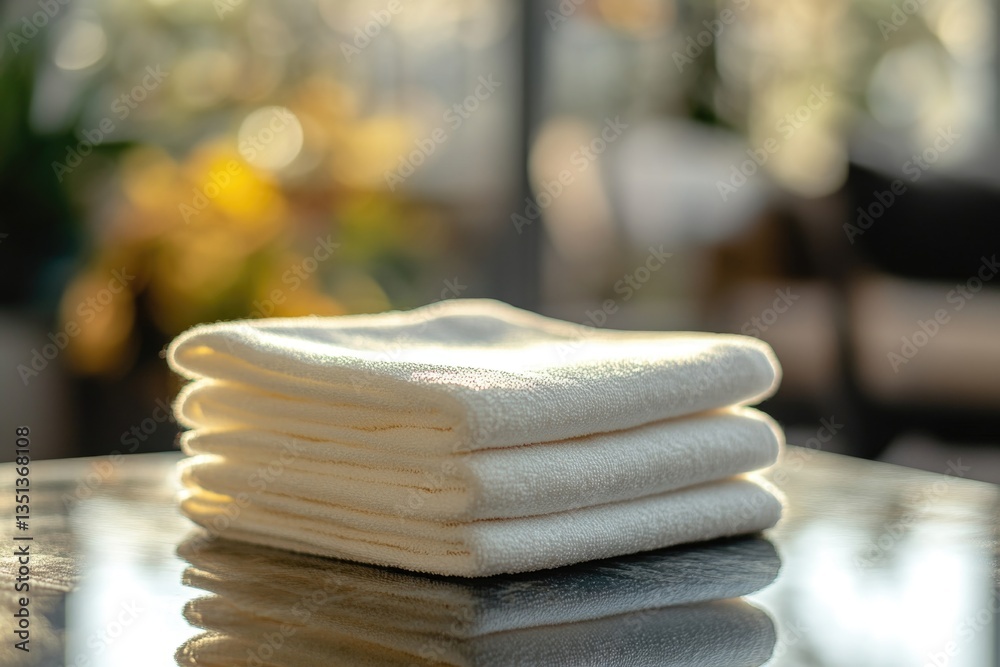 Poster A pile of soft white towels stacked on a table, ready for use