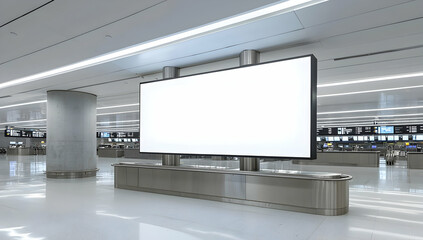 Oblique angle of a vast blank billboard mounted on a pillar in a sleek airport baggage claim zone, softly illuminated.