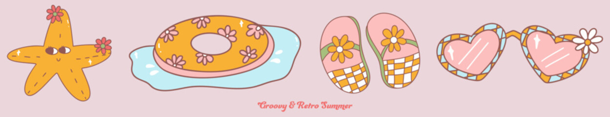 Groovy and retro summer vibes come alive with playful designs featuring starfish, donut, sandals, and stylish sunglasses