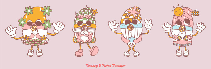 Gnome Groovy and retro summer vibes come alive with these playful characters showcasing fun styles and cheerful expressions