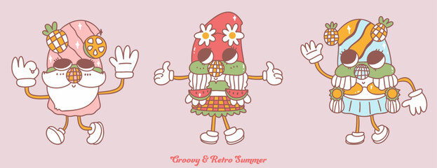 Groovy Gnome characters in retro summer outfits bring joy and fun to any occasion with their playful designs and cheerful expressions