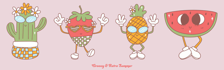 Groovy and retro summer vibes come alive with these playful fruit characters enjoying sunny season